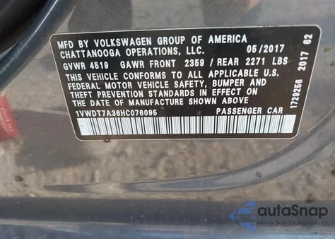 2017 Volkswagen Passat 1.8T R-Line from USA, damaged, VIN 1VWDT7A36HC076095